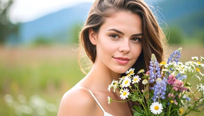 A young woman with a radiant smile, holding a beautiful bouquet of wildflowers, stands in a field, bathed in natural light.