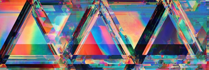Vibrant digital glitch art featuring overlapping translucent triangles in a kaleidoscope of electric blues, oranges, pinks, and greens with distorted pixel effects and geometric fragmentation