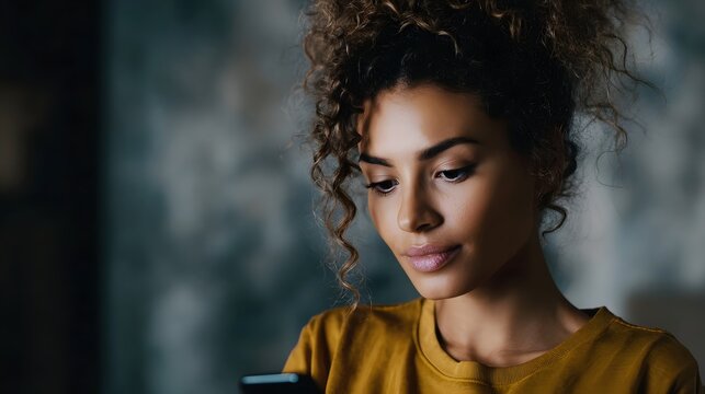 A focused young woman with curly hair intently using her smartphone indoors engaging with digital content in a calm and modern setting