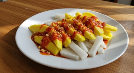 Slices of ripe yellow mango and white jicama arranged on a white plate, drizzled with a vibrant red chili sauce and sprinkled with chopped nuts, 
