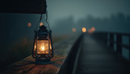Antique lantern on a wooden bridge at dusk