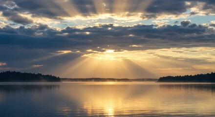 Serene sunrise over a tranquil lake, with golden rays piercing through the clouds, casting a peaceful glow on the water's surface.