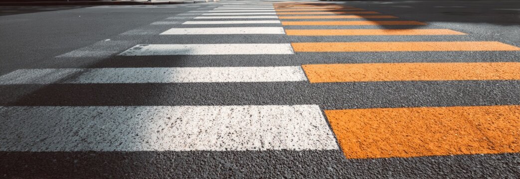 Close-up of a pedestrian crossing marked with white and orange stripes on a dark gray asphalt road