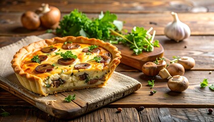 A delectable mushroom quiche, golden-crusted and filled with savory mushrooms, sits on a rustic wooden surface, inviting a delicious taste experience.