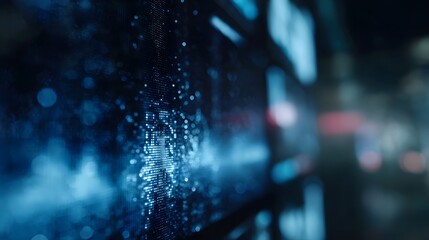 Futuristic blue data visualization with glowing particles on a digital screen creating an abstract high tech communication display
