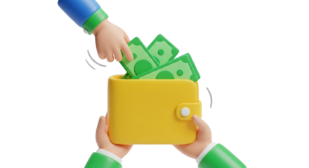 Hands exchanging money into a yellow wallet with green banknotes cash finance isolated on a transparent background