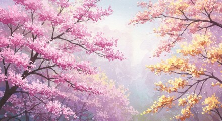 Obraz premium A springtime forest scene, filled with blossoming pink and yellow cherry blossoms, showcasing a soft, pastel color palette and a peaceful atmosphere.
