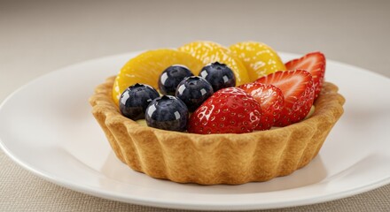 A delectable fruit tart, nestled on a pristine white plate, showcases vibrant strawberries, blueberries, and mandarin orange slices atop a golden pastry crust.  
