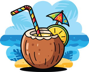 Refreshing coconut drink with tropical beach scene backdrop