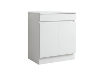 A simple, white, modern cabinet with two doors and a drawer, perfect for any room.