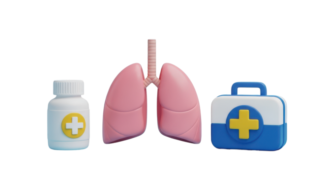 Medical icons including lungs medicine bottle and first aid kit health pill bottle isolated on a transparent background