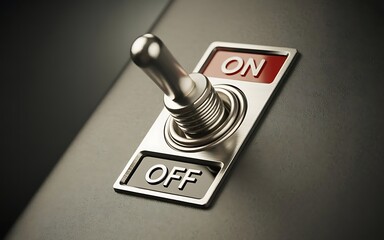 Close up of a vintage silver toggle switch in the on position highlighting its metallic texture and classic design