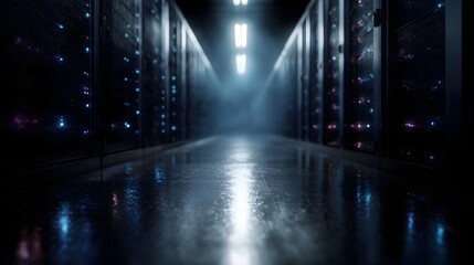 Modern data center with rows of server racks glowing lights and a futuristic reflective corridor symbolizing advanced digital technology and
