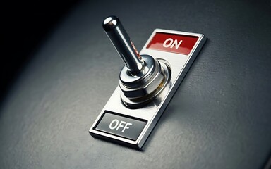 A gleaming chrome toggle switch with a silver lever is positioned in the on position on a textured dark surface