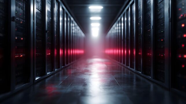 Modern data center corridor featuring rows of glowing server racks symbolizing the essential digital backbone of technology and information