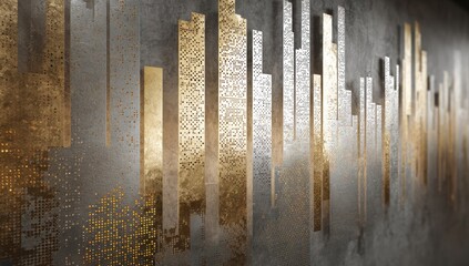 Abstract wall art with vertical gold and silver elements