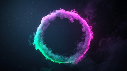 Colorful smoke ring with a green and purple swirl. The smoke is floating in the air and he is coming from a fire. The image has a dreamy, ethereal quality to it