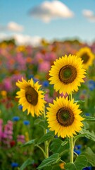 Obraz premium Vibrant sunflowers stand tall amidst a riot of colorful wildflowers, bathed in the soft light of a summer day.