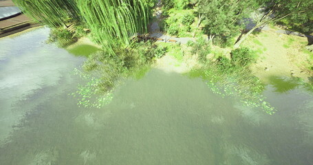 A peaceful riverside scene showcases vibrant greenery and calm waters. Lilies float on the surface as trees provide shade, inviting relaxation and contemplation in nature.