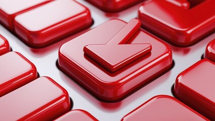 Close-up view of a glossy red computer keyboard key with a downward arrow symbol, showcasing a bright, bold design.