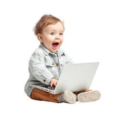 Happy Baby Using Laptop on Transparent Background