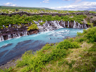Hraunfossar waterfalls on the Hvita River in the west part of Iceland