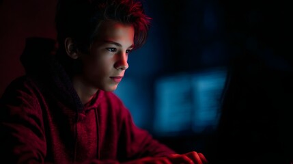 Young person intensely focused on a laptop in a dark room illuminated by glowing screens engaged in digital activity