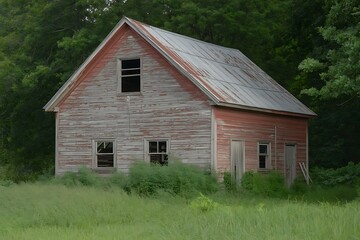 Obraz premium Weathered red barn with gray roof and broken windows stands in overgrown green field surrounded by lush forest trees