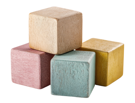 Four light wooden blocks, stacked, pastel colors