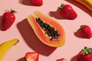 Colorful fruit arrangement featuring papaya, strawberries, and bananas on a pink background.
