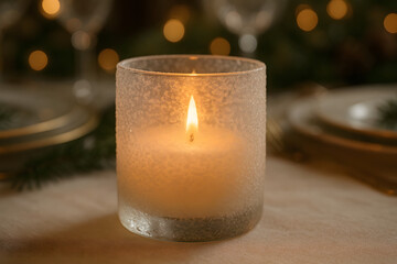 Photophore givr&eacute; avec flamme douce sur table de f&ecirc;te