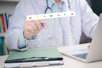 Physician pointing at marked date on virtual calendar for patient appointment, representing healthcare service, medical schedule, hospital organization, and treatment planning.