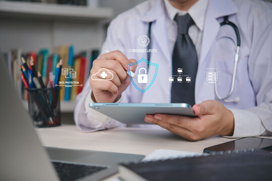 Doctor using tablet with cybersecurity icons, representing healthcare data protection, medical records security, cloud storage safety, and digital technology in hospital management. - Powered by Adobe