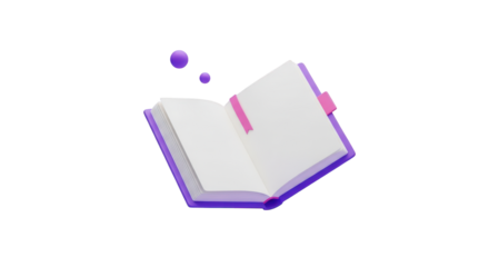 Open purple 3D book with blank pages and pink bookmark white isolated on a transparent background