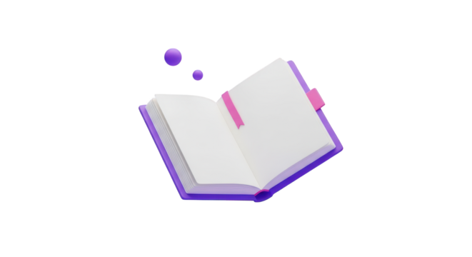 Open purple 3D book with blank pages and pink bookmark white isolated on a transparent background - Powered by Adobe