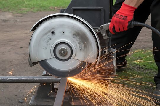 Close up of a person wearing red gloves using a powerful chop saw to cut metal creating a shower of bright orange sparks