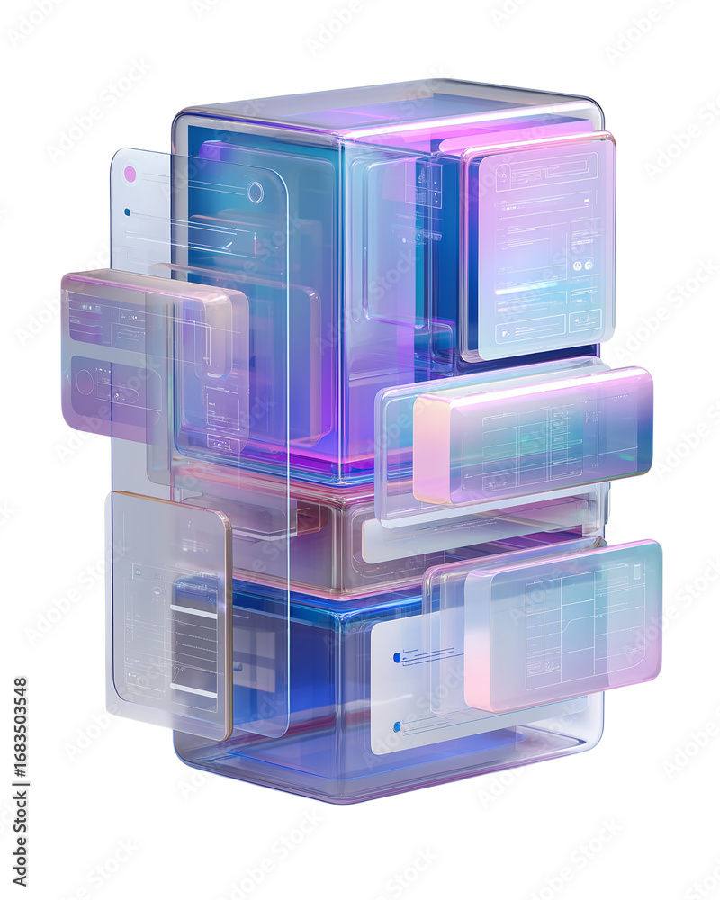 Wall mural transparent 3d ui panel with layered sections isolated on a transparent background