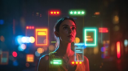 Naklejka premium Futuristic urban night scene with a contemplative figure surrounded by vibrant neon digital interface elements and blurred city lights