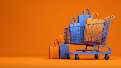 Shopping cart full of bags on orange background