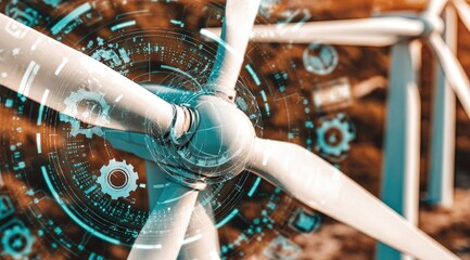 Close-up of wind turbine blade with overlaid digital interface