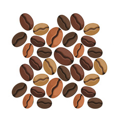A scattered arrangement of richly roasted coffee beans on a white background