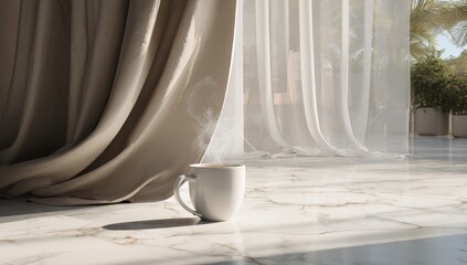 A cup of coffee on a marble floor, bathed in sunlight, with soft beige and white curtains