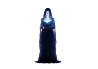 A woman in a flowing gown holds a glowing book, bathed in ethereal blue light against a stark black backdrop.
