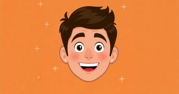 Starting animation showing illustrated male head smiling on orange background, with star sparkles