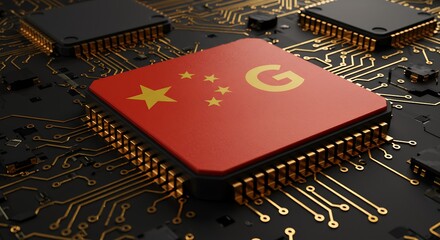 China's technology dominance: Futuristic CPU design with national flag symbol