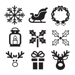 Vector art of variety of christmas symbols including snowflakes, sleigh, wreath, lantern, holly, reindeer, and gifts