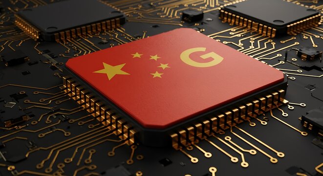China's technology dominance: Futuristic CPU design with national flag symbol