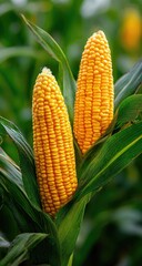 Obraz premium Two ripe corn cobs nestled in vibrant green leaves (2)