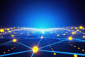 A vibrant, abstract representation showcasing a digital network with glowing nodes traversing across a vast space