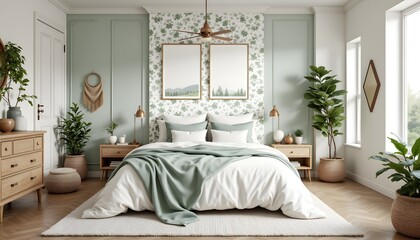 This farmhouse bedroom mockup features a serene color palette of white and green, with a combination of wallpaper and wood furniture creating a charming, rustic feel